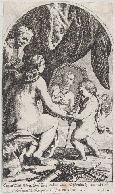 Venus framför en spegel som hålls av Amor medan hennes hår kammas av en gammal kvinna, 1631. av Willem Panneels