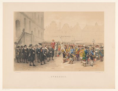 Tredje gruppen av maskeraden i Utrecht 1856 Regering (titel på objekt) Vårt hemland omkring mitten av 1600-talet, föreslagit av H.H. studenter, medlemmar i Mutua Fides, för att fira 220-årsjubileet av Utrechtsche Hoogeschool, den 25 juni av Willem Pieter Hoevenaar