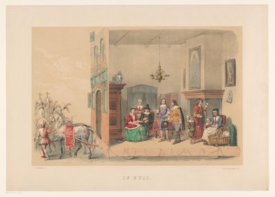Andra gruppen av maskeraden i Utrecht 1856 Hemma (titel på objekt) Vårt hemland omkring mitten av 1600-talet, föreslagit av H.H. studenter, medlemmar i Mutua Fides, för att fira 220-årsjubileet av Utrechtsche Hoogeschool, den 25 juni av Willem Pieter Hoevenaar