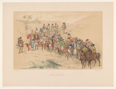 Fjärde gruppen av maskeraden i Utrecht 1856 Kolonier (titel på objekt) Vårt hemland omkring mitten av 1600-talet, föreslagit av H.H. studenter, medlemmar i Mutua Fides, för att fira 220-årsjubileet av Utrechtsche Hoogeschool, 25. juni av Willem Pieter Hoevenaar