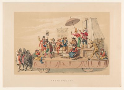 Sjätte gruppen av maskeraden i Utrecht 1856 God Jul (titel på objekt) Vårt hemland omkring mitten av 1600-talet, föreslagit av H.H. studenter, medlemmar i Mutua Fides, för att fira 220-årsjubileet av Utrechtsche Hoogeschool, den 25:e. av Willem Pieter Hoevenaar
