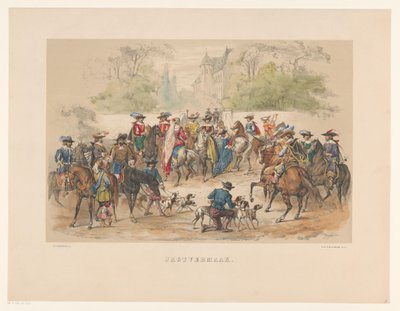 Sjunde gruppen av maskeraden i Utrecht 1856 Jaktunderhållning (titel på objekt) Vårt hemland omkring mitten av 1600-talet, föreslagit av H.H. studenter, medlemmar i Mutua Fides, för att fira 220-årsjubileet av Utrechtsche Hoogeschool, den 25:e. av Willem Pieter Hoevenaar