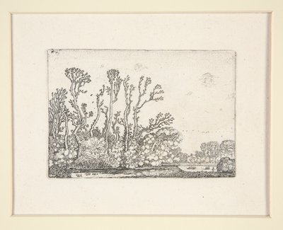 Flock av får nära vattnet, tavla 8 från The Set of the Landscapes av Willem Pietersz. Buytewech
