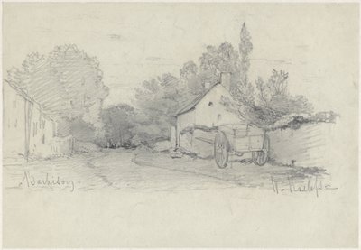 Utsikt över en gata med en vagn i Barbizon av Willem Roelofs (I)
