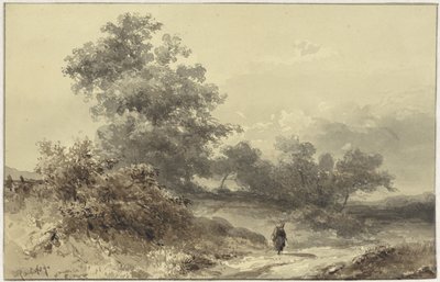 Landskap med en bossage och en figur på en landsväg av Willem Roelofs (I)