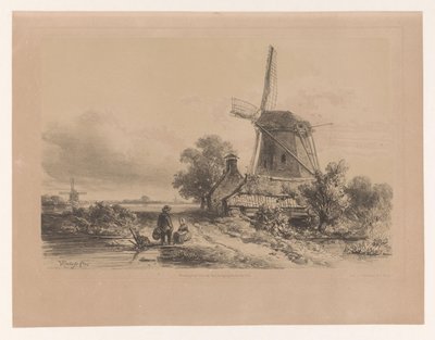 Väderkvarn i ett landskap med två figurer av Willem Roelofs (I)