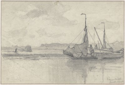 Fiskebåtar i ett landskap i Papendrecht av Willem Roelofs (I)