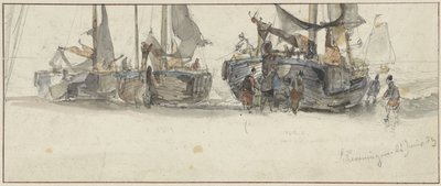 Fiskebåtar på stranden i Scheveningen av Willem Roelofs (I)