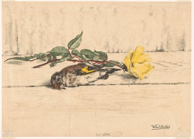 Död guldfink som ligger bredvid en ros av Willem Roelofs (II) (signed by artist)