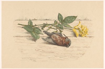 Död fink som ligger bredvid en ros av Willem Roelofs (II) (signed by artist)