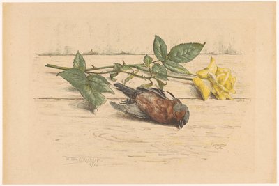 Död fink som ligger bredvid en ros av Willem Roelofs (II) (signed by artist)