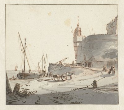 Utsikt över en hamn nära en stadsmur av Willem Schellinks