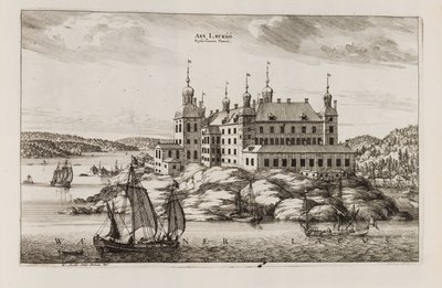 Läckö slott från Vänernsidan. Ur "Suecia antiqua et hodierna" av Willem Swidde