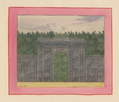 Rechteckiger Pavillon aus Lattenwerk mit Tor für eine Hecke in den Gärten von Versailles av Willem Swidde