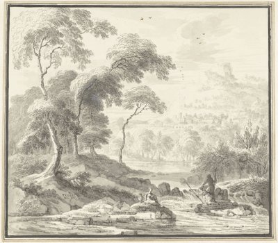 Idylliskt kuperat landskap med kvinnor vid en bäck av Willem Troost (I)