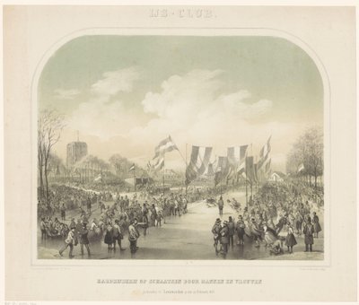 Skridskotävling Isklubb/skridskolopp som hölls av män och kvinnor i Leeuwarden den 22 februari 1855 (titel på objekt) av Willem Troost (II)