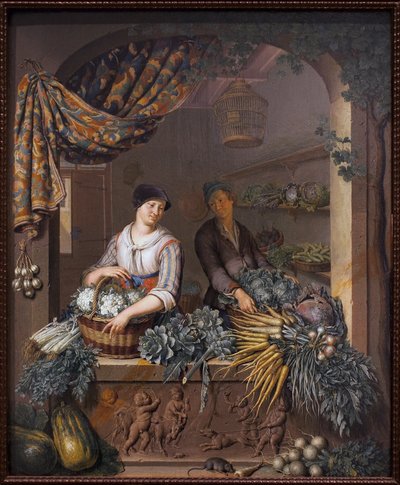 En grönsaksförsäljare. Målning av Willem van Mieris (1662-1747), olja på trä av Willem Van Mieris