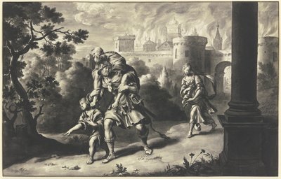 Aeneas räddar Anchises från det brinnande Troja av Willem Van Mieris