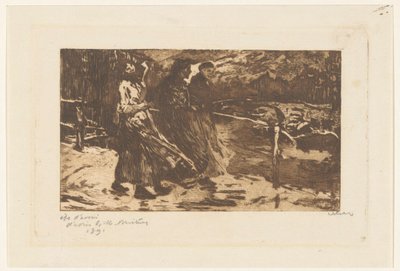 Tre kvinnor på en bro i regn och blåst av Willem Witsen (signed by artist)
