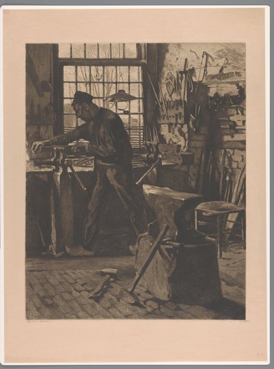 Smed på jobbet på ett skruvstäd vid fönstret Bysmed framför fönstret (Bram) (originaltitel) av Willem Witsen (signed by artist)