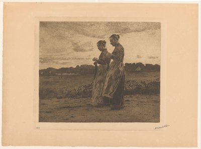 Två stående stickare i ett landskap i Ede av Willem Witsen (signed by artist)