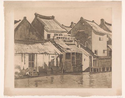 Baksidor av bostadshus vid en flod i Batavia av Willem Witsen