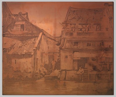 Batavia. Hus på kali, tvätterska vid trappan till ett hus till höger av Willem Arnoldus Witsen