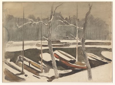 Förtöjda pråmar på en snöig kanal av Willem Arnoldus Witsen