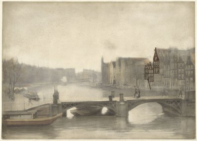 Utsikt över Binnen-Amstel i dimman av Willem Arnoldus Witsen