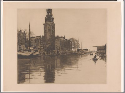 Utsikt över Montelbaanstoren i Amsterdam Gamla Schans med Montelbaanstoren och roddbåt (originaltitel) av Willem Arnoldus Witsen