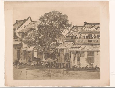 Vy över hus vid en flod i Batavia Hus på kali. Träd mellan husen, Batavia (originaltitel) av Willem Arnoldus Witsen