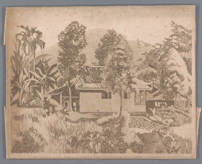 Hus med vulkanen Salak(?) i bakgrunden, Buitenzorg av Willem Arnoldus Witsen