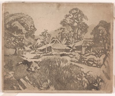 Hus i kampong med vulkanerna Salak och Gedeh i bakgrunden, Buitenzorg av Willem Arnoldus Witsen