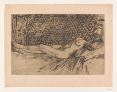 Naken ung kvinna liggande på en soffa Naken, liggande på rygg på en soffa, händerna under huvudet (originaltitel) av Willem Arnoldus Witsen