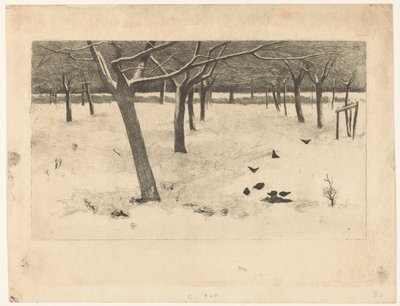 Snöig fruktträdgård med fåglar av Willem Arnoldus Witsen