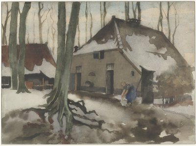 Kvinna framför ett hus i en snöig skog av Willem Arnoldus Witsen