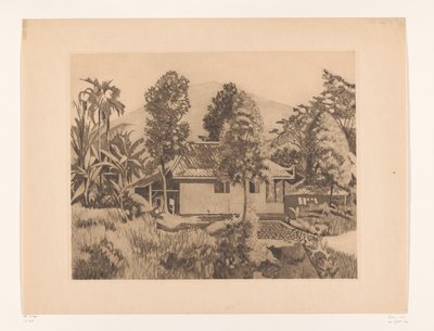 Hemma i Bogor med ett berg i bakgrunden Hus med vulkanen Salak(?) i bakgrunden, Buitenzorg (originaltitel) av Willem Arnoldus Witsen