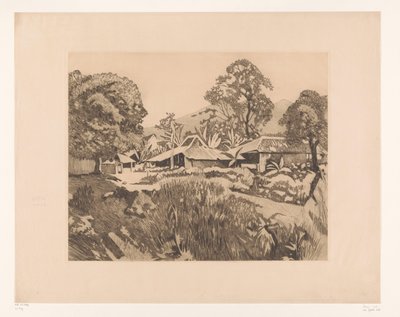 Hem i Bogor före vulkanerna Salak och Gede Hus i kampong med vulkanerna Salak och Gedeh i bakgrunden, Buitenzorg (originaltitel) av Willem Arnoldus Witsen