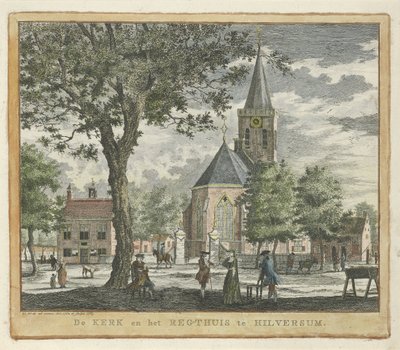 Kyrka och tingshus i Hilversum 1762 (före branden 1766) Kyrkan och Regthuis i Hilversum (titel på objekt) av Willem Writs