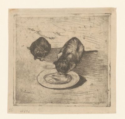 Två katter, en dricker från en tallrik Two Kitties (originaltitel) av Willem de Zwart