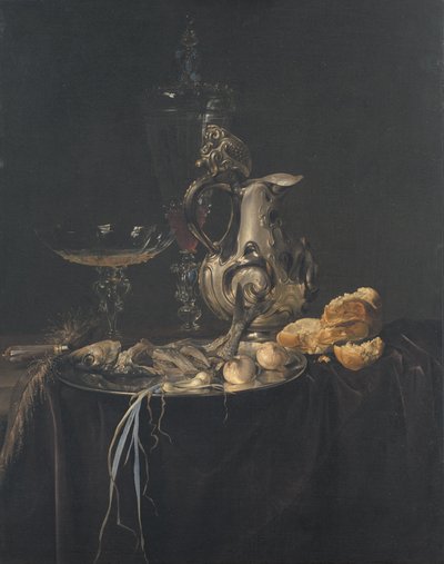 Fortfarande liv. Frukostbit med silverkanna av Willem van Aelst