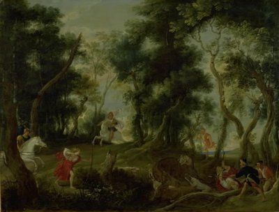 Landskap med Atalanta och Meleager som jagar Calydonian Boar av Willem van Herp
