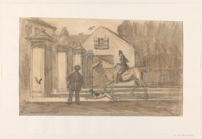 Staketet på Scheveningse Weg i Haag; passerar en ryttare med hund av Willem van Konijnenburg