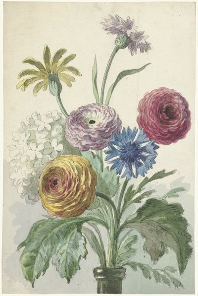 Bukett blommor i halsen på en grön vas av Willem van Leen