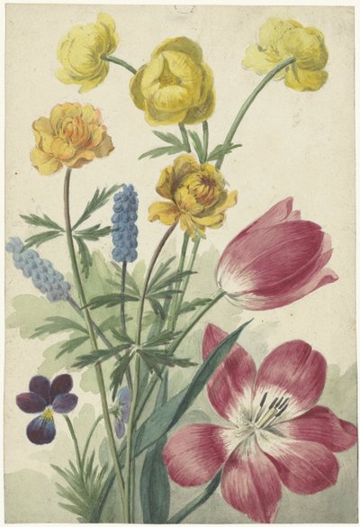 Bukett med tulpaner, violer, druvhyacinter och dotter av Willem van Leen
