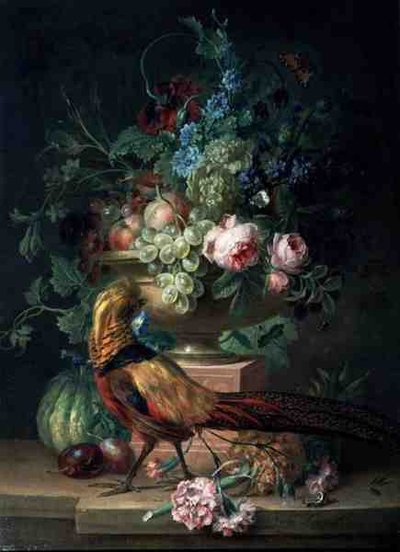 Stilleben med blommor och en fasan (olja på duk) av Willem van Leen