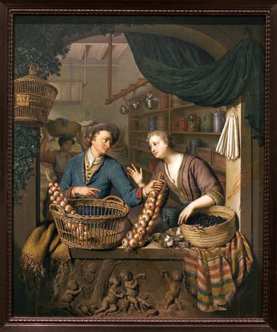 Lökförsäljare. Målning av Willem van Mieris (1662-1747), olja på trä av Willem Van Mieris
