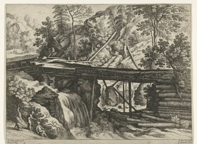 Bergslandskap med träakvedukt Italienska landskap (serietitel) av Willem van Nieulandt (II)