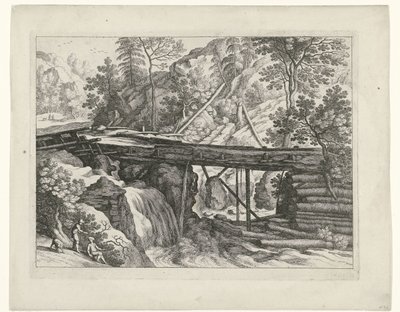 Bergslandskap med träakvedukt Italienska landskap (serietitel) av Willem van Nieulandt (II)