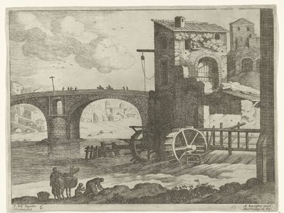 Bro och vattenkvarn Italienska landskap (serietitel) av Willem van Nieulandt (II)